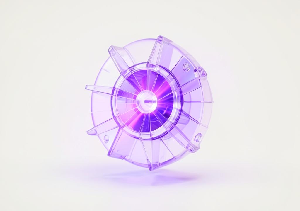 Translucent glass schematic of an electric motor rotor refracting violet light